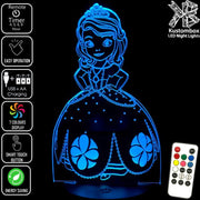Princess Sofia 3D LED Night Light 7 Colours + Remote Control - Kustombox