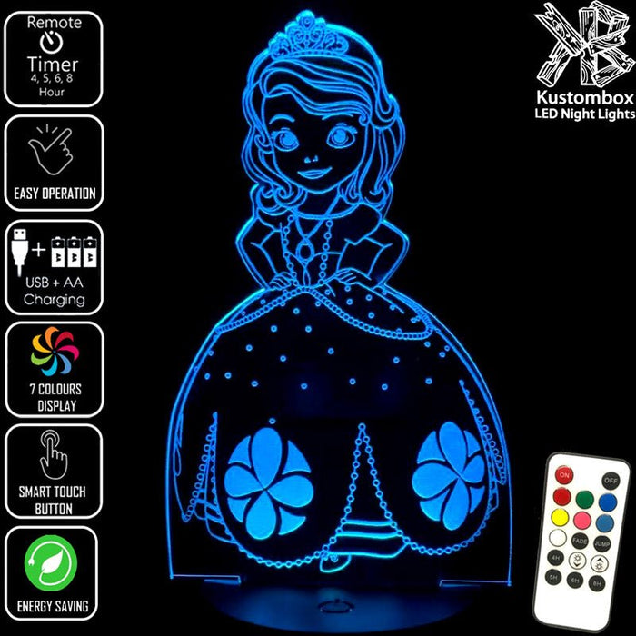 Princess Sofia 3D LED Night Light 7 Colours + Remote Control - Kustombox