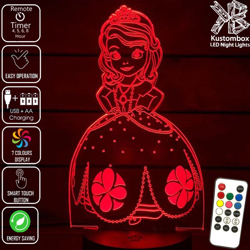 Princess Sofia 3D LED Night Light 7 Colours + Remote Control - Kustombox
