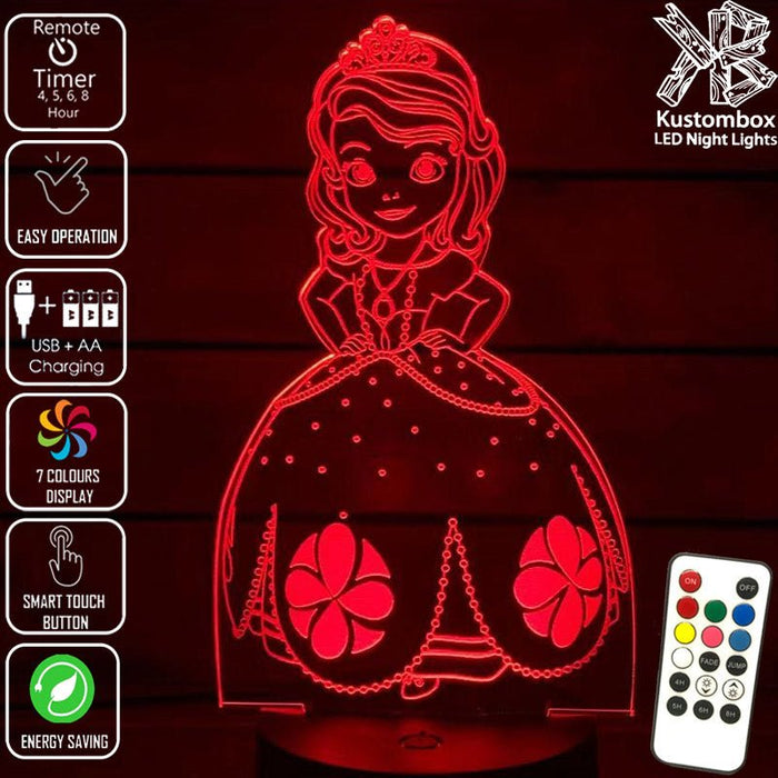 Princess Sofia 3D LED Night Light 7 Colours + Remote Control - Kustombox