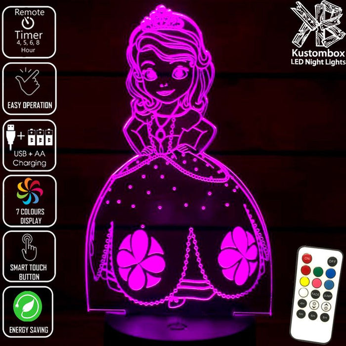 Princess Sofia 3D LED Night Light 7 Colours + Remote Control - Kustombox
