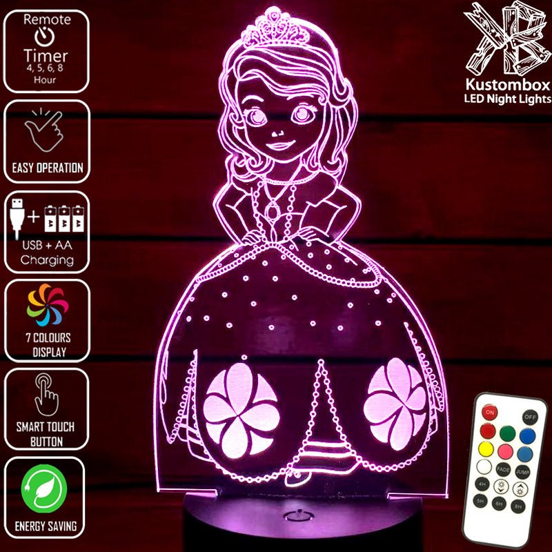 Princess Sofia 3D LED Night Light 7 Colours + Remote Control - Kustombox