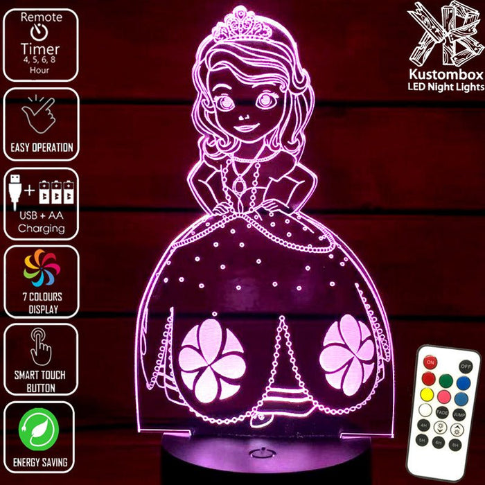 Princess Sofia 3D LED Night Light 7 Colours + Remote Control - Kustombox
