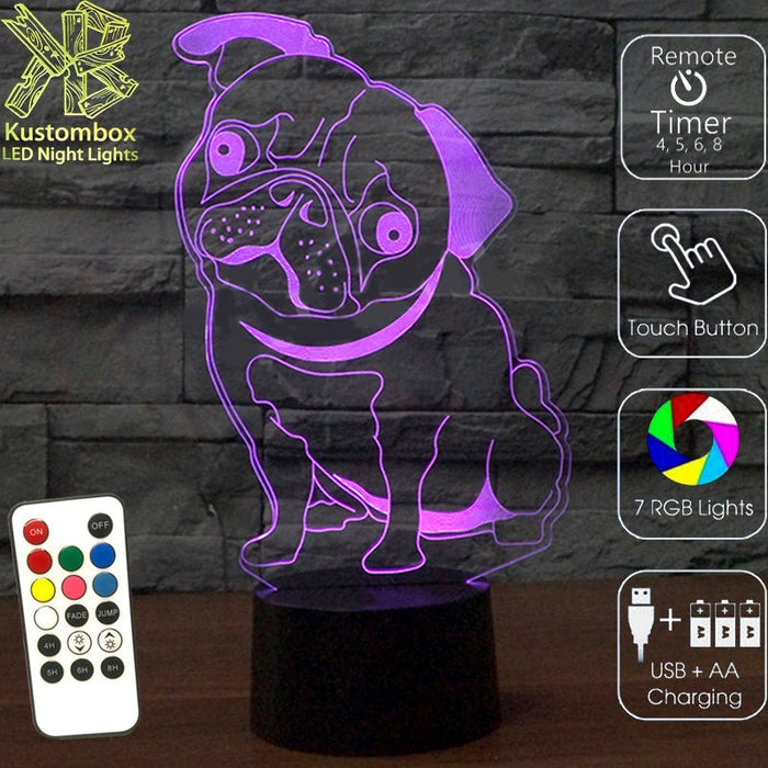 PUG Dog 3D LED Night Light 7 Colours + Remote Control - Kustombox