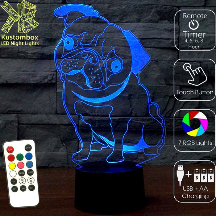 PUG Dog 3D LED Night Light 7 Colours + Remote Control - Kustombox