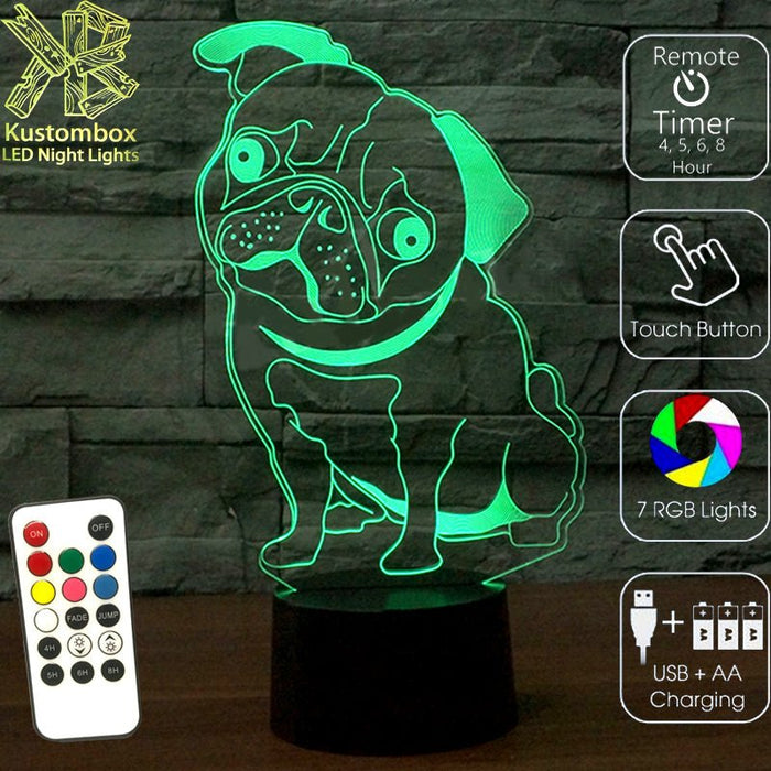 PUG Dog 3D LED Night Light 7 Colours + Remote Control - Kustombox