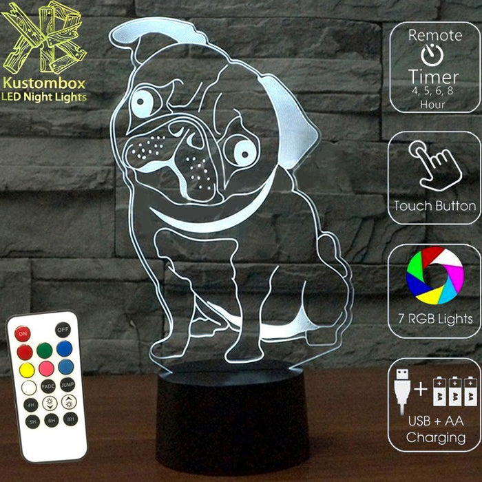 PUG Dog 3D LED Night Light 7 Colours + Remote Control - Kustombox