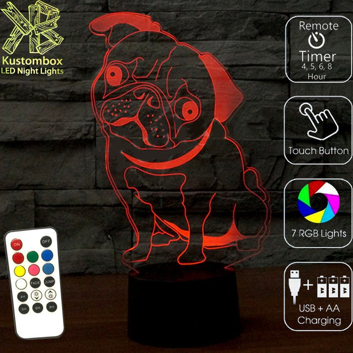 PUG Dog 3D LED Night Light 7 Colours + Remote Control - Kustombox