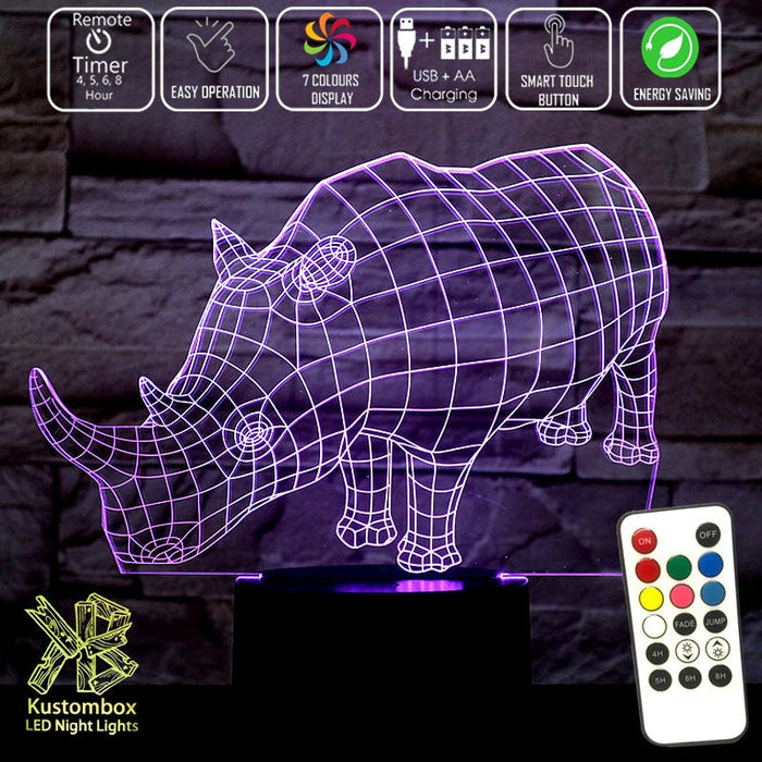 Rhino Wire Frame 3D LED Night Light 7 Colours + Remote Control - Kustombox