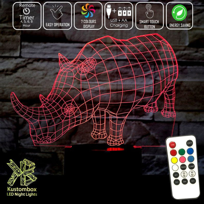 Rhino Wire Frame 3D LED Night Light 7 Colours + Remote Control - Kustombox