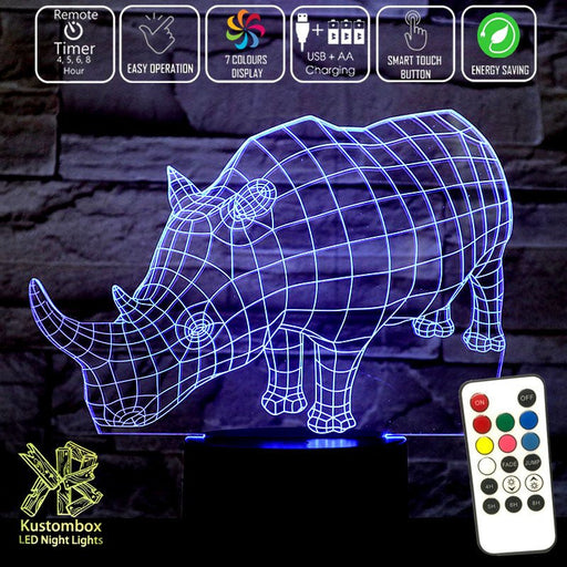 Rhino Wire Frame 3D LED Night Light 7 Colours + Remote Control - Kustombox