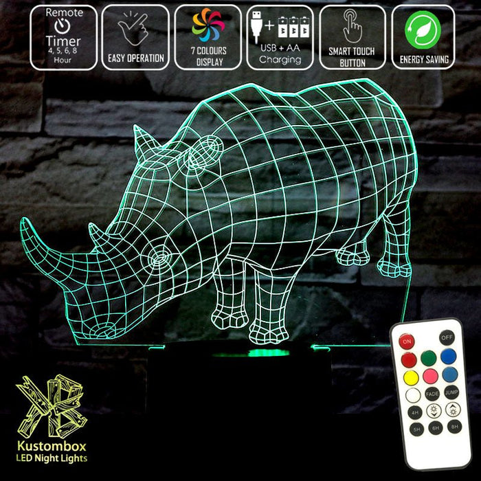Rhino Wire Frame 3D LED Night Light 7 Colours + Remote Control - Kustombox