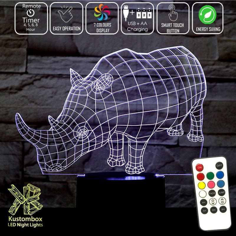 Rhino Wire Frame 3D LED Night Light 7 Colours + Remote Control - Kustombox