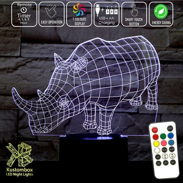 Rhino Wire Frame 3D LED Night Light 7 Colours + Remote Control - Kustombox