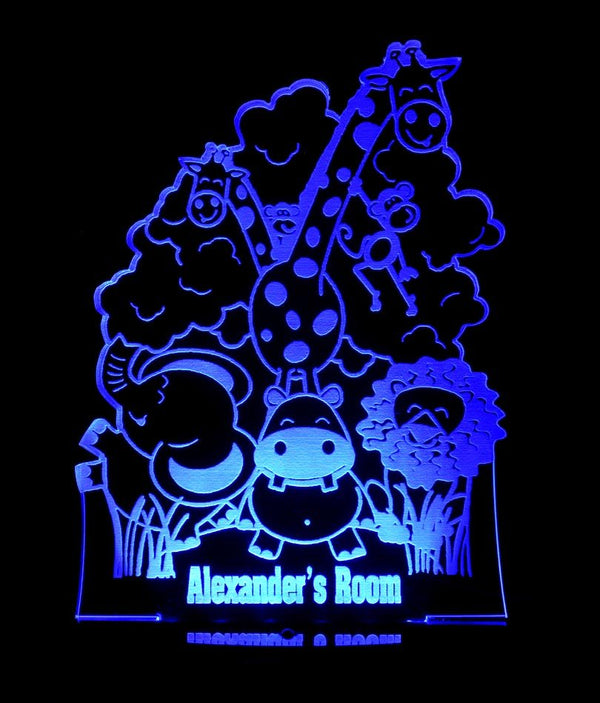 Safari Jungle Animals Personalised Name Light 3D LED Night Light 7 Colours + Remote Control - Kustombox