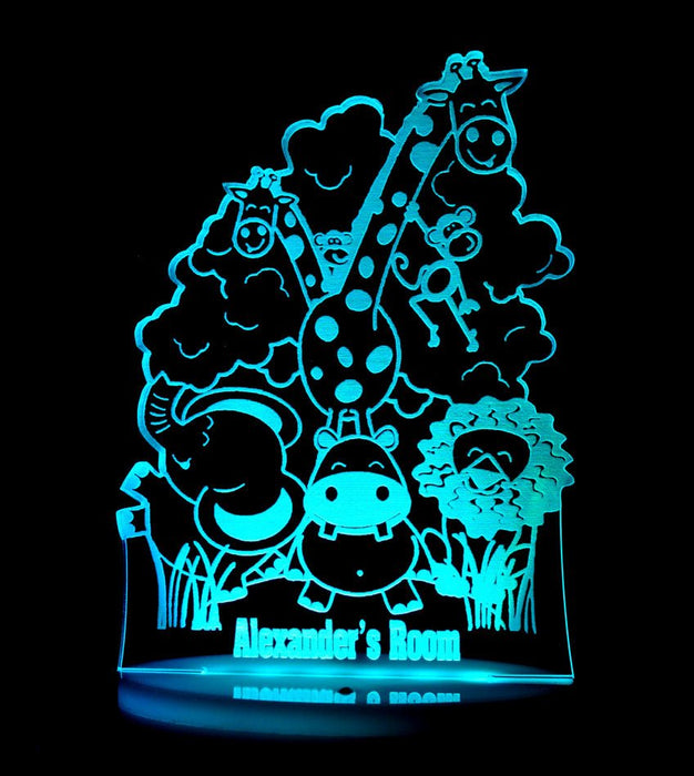 Safari Jungle Animals Personalised Name Light 3D LED Night Light 7 Colours + Remote Control - Kustombox