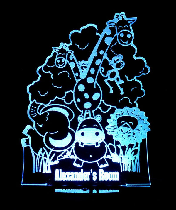 Safari Jungle Animals Personalised Name Light 3D LED Night Light 7 Colours + Remote Control - Kustombox