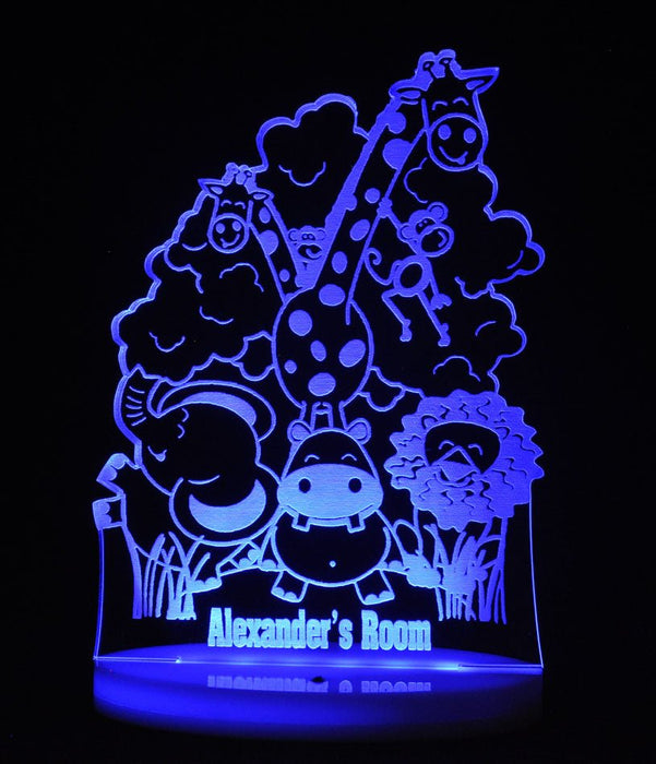 Safari Jungle Animals Personalised Name Light 3D LED Night Light 7 Colours + Remote Control - Kustombox