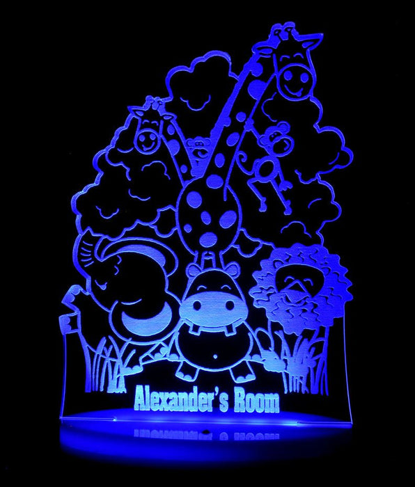 Safari Jungle Animals Personalised Name Light 3D LED Night Light 7 Colours + Remote Control - Kustombox