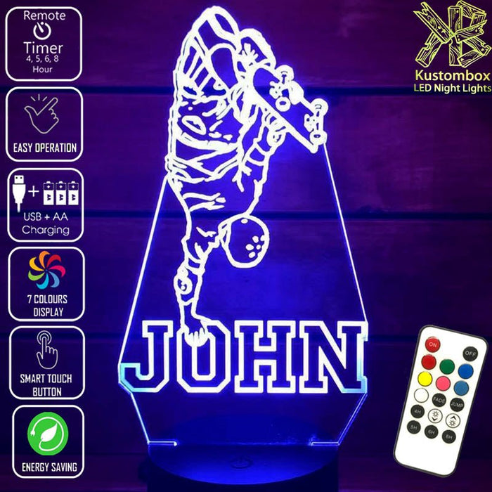 SKATE BOARD PERSONALISED NAME 3D LED Night Light 7 Colours + Remote Control - Kustombox