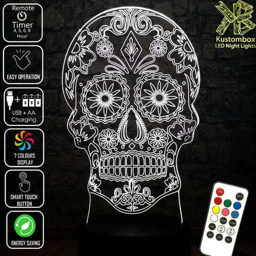 SKULL CANDY DAY OF THE DEAD 3D LED Night Light 7 Colours + Remote Control - Kustombox