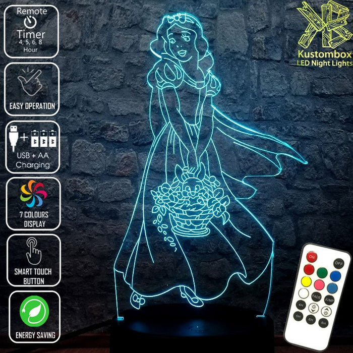 Snow White Disney- 3D LED Night Light 7 Colours + Remote Control - Kustombox