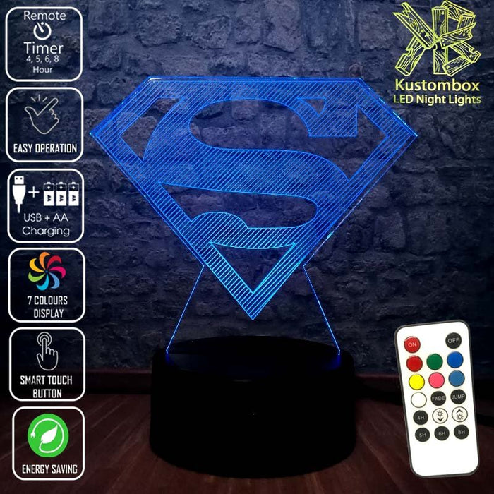 Superman Logo 3D LED Night Light 7 Colours + Remote Control - KustomboxNight Lights & Ambient LightingKustomboxStandard Size