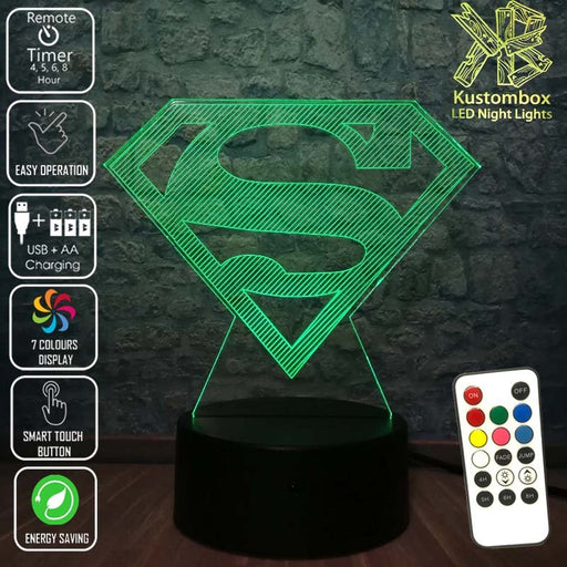 Superman Logo 3D LED Night Light 7 Colours + Remote Control - KustomboxNight Lights & Ambient LightingKustomboxStandard Size