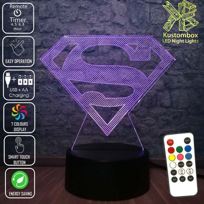 Superman Logo 3D LED Night Light 7 Colours + Remote Control - KustomboxNight Lights & Ambient LightingKustomboxStandard Size
