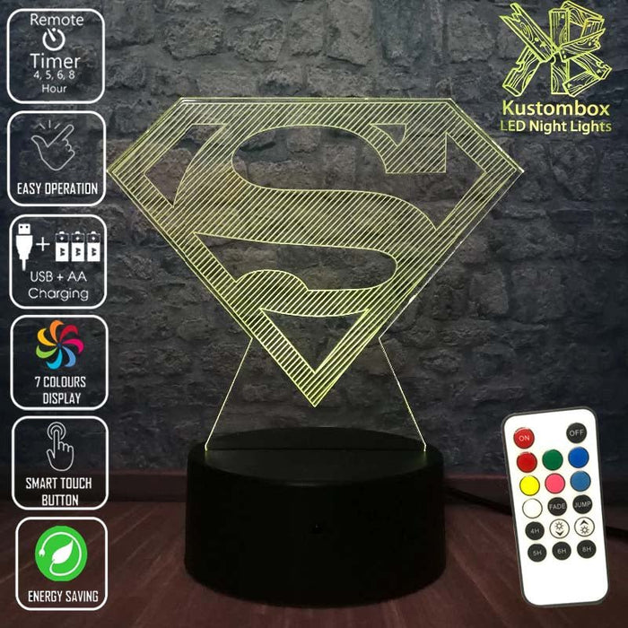 Superman Logo 3D LED Night Light 7 Colours + Remote Control - KustomboxNight Lights & Ambient LightingKustomboxStandard Size