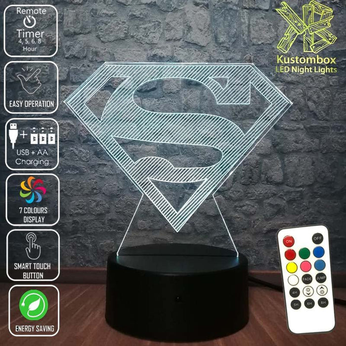 Superman Logo 3D LED Night Light 7 Colours + Remote Control - KustomboxNight Lights & Ambient LightingKustomboxStandard Size