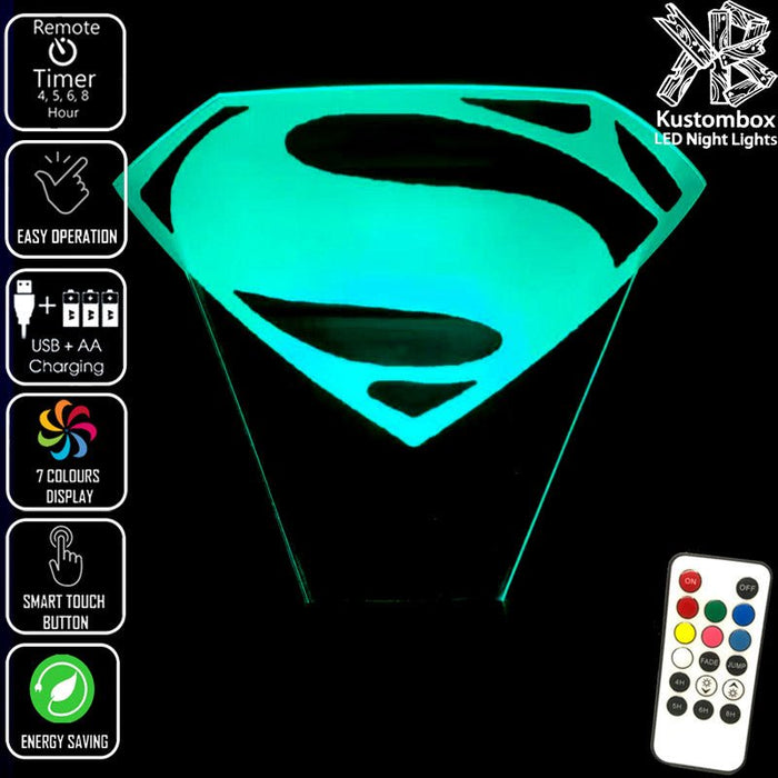 SUPERMAN LOGO DC COMICS 3D LED Night Light 7 Colours + Remote Control - Kustombox dc comics