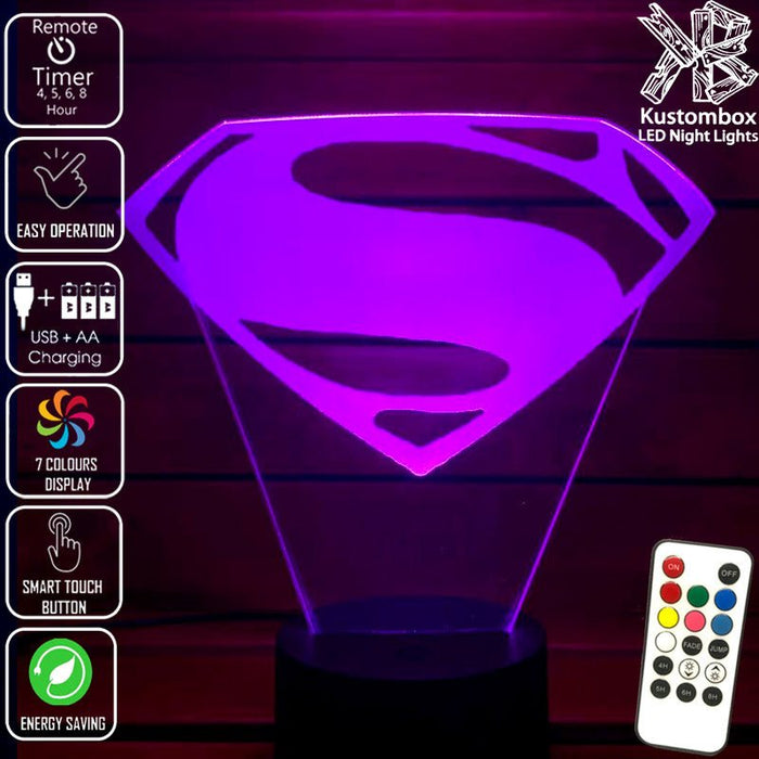 SUPERMAN LOGO DC COMICS 3D LED Night Light 7 Colours + Remote Control - Kustombox dc comics