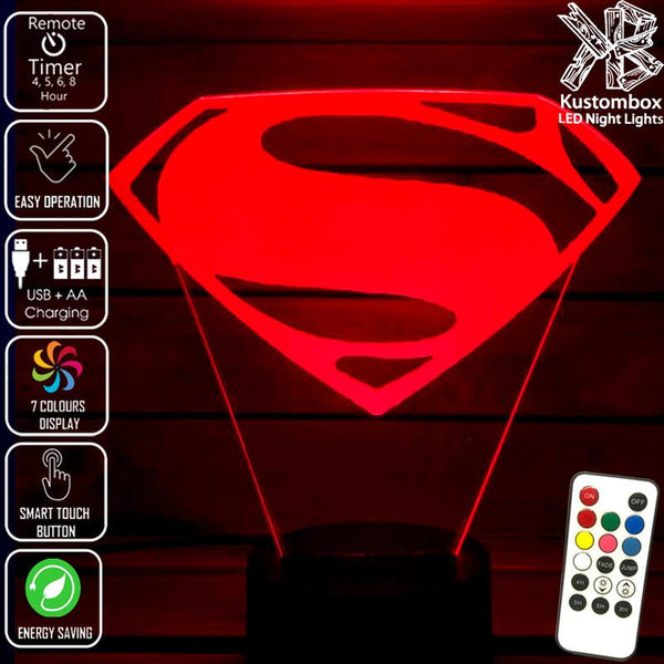 SUPERMAN LOGO DC COMICS 3D LED Night Light 7 Colours + Remote Control - Kustombox dc comics