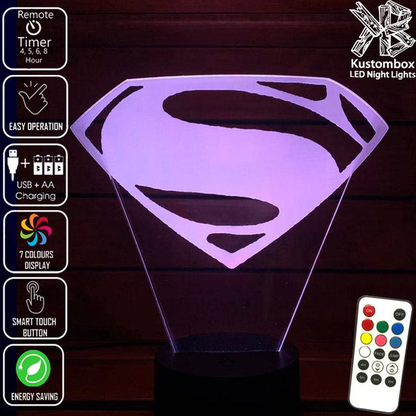 SUPERMAN LOGO DC COMICS 3D LED Night Light 7 Colours + Remote Control - Kustombox dc comics
