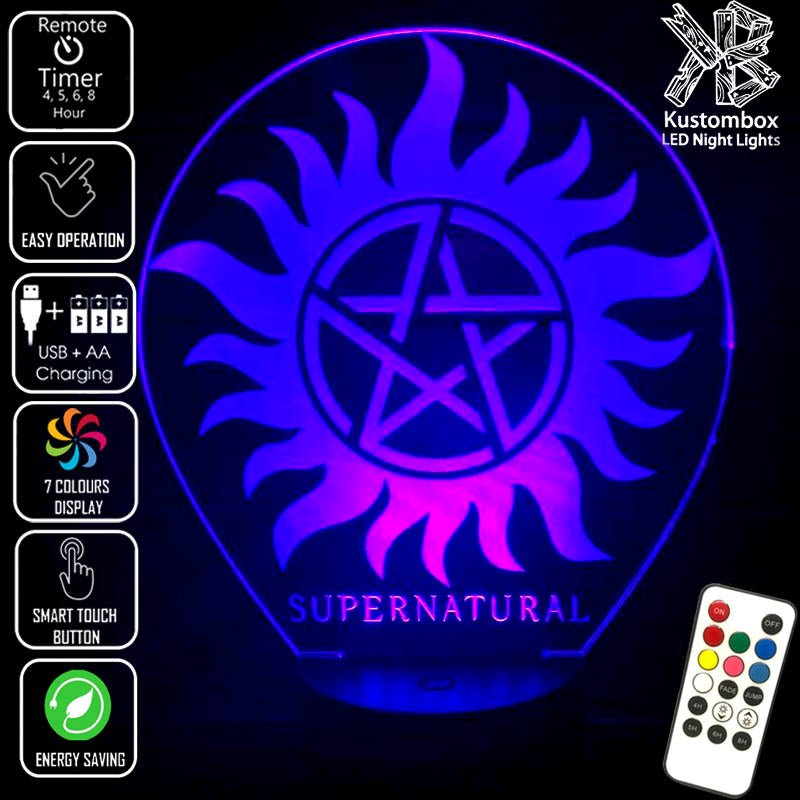 Supernatural Logo Personalised Name 3D LED Night Light 7 Colours + Remote Control - Kustombox