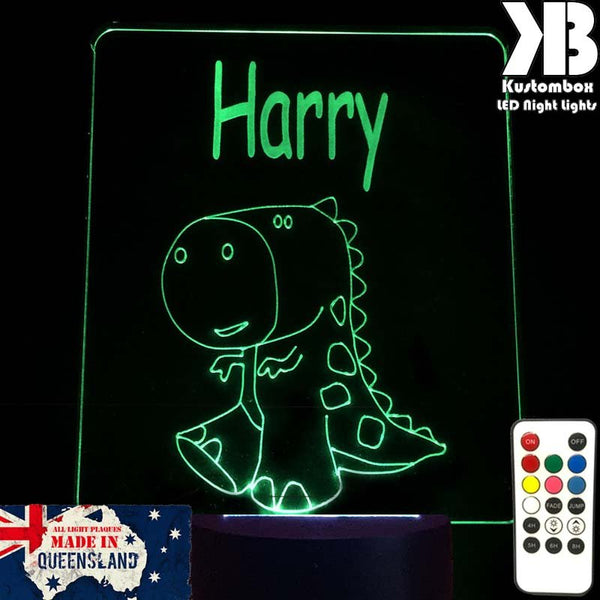 T REX JURRASIC DINOSAUR PERSONALISED NAME - 3D LED Night Light 7 Colours + Remote Control - Kustombox