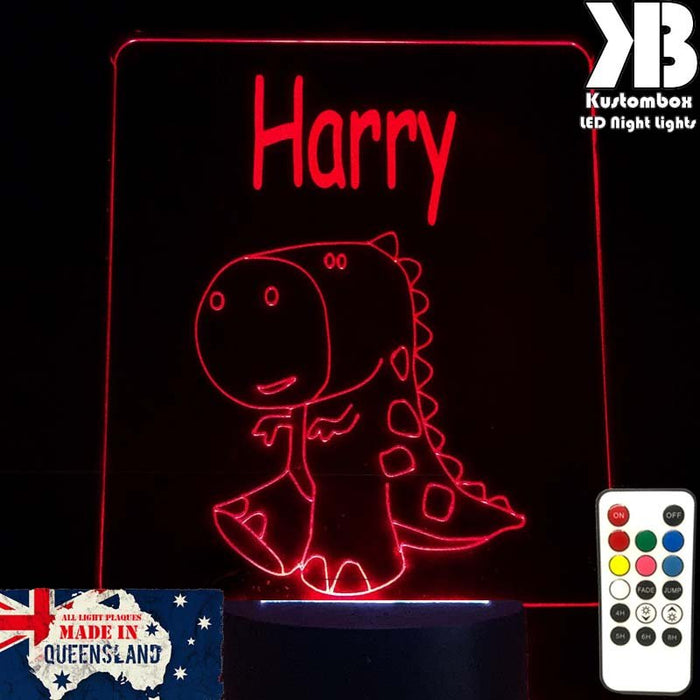 T REX JURRASIC DINOSAUR PERSONALISED NAME - 3D LED Night Light 7 Colours + Remote Control - Kustombox