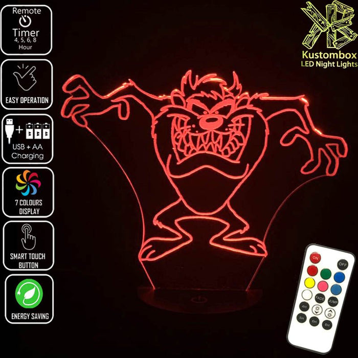 Tazzie Devil Looney Tunes Grinning- 3D LED Night Light 7 Colours + Remote Control - Kustombox