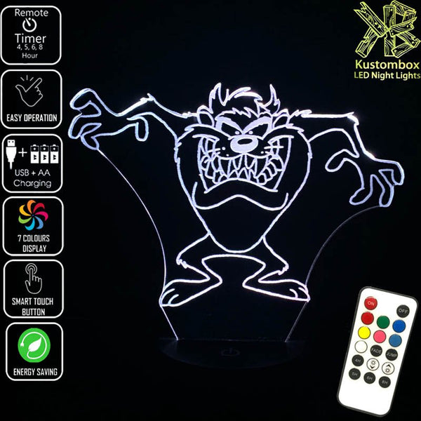 Tazzie Devil Looney Tunes Grinning- 3D LED Night Light 7 Colours + Remote Control - Kustombox