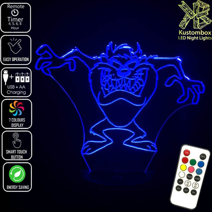Tazzie Devil Looney Tunes Grinning- 3D LED Night Light 7 Colours + Remote Control - Kustombox