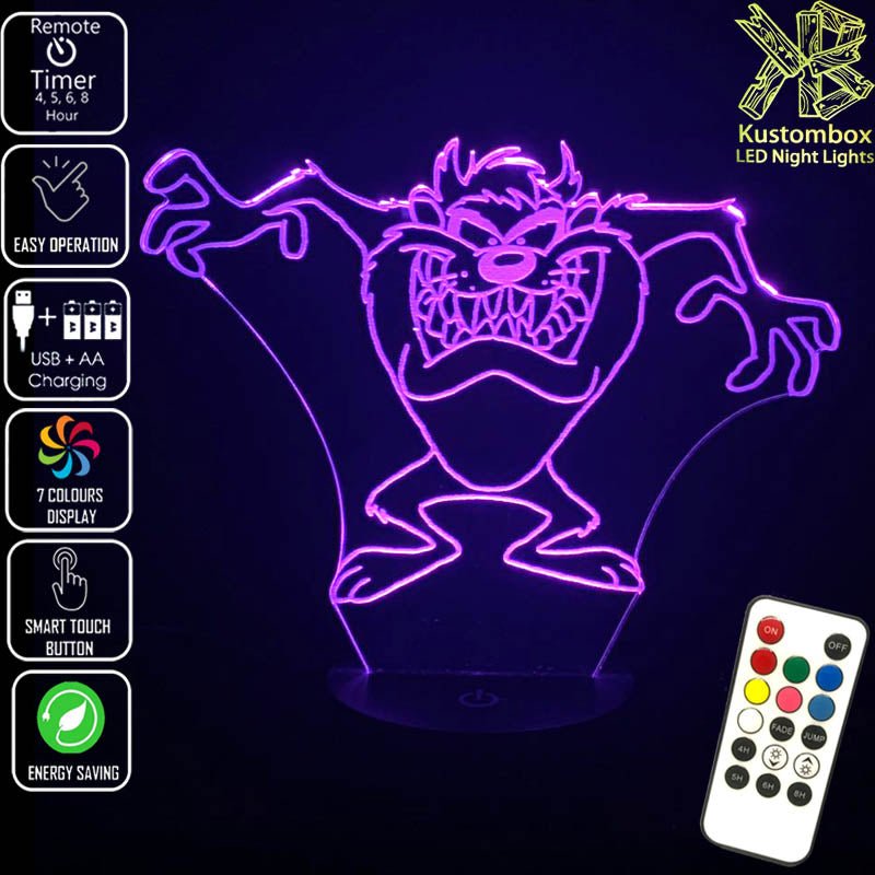 Tazzie Devil Looney Tunes Grinning- 3D LED Night Light 7 Colours + Remote Control - Kustombox