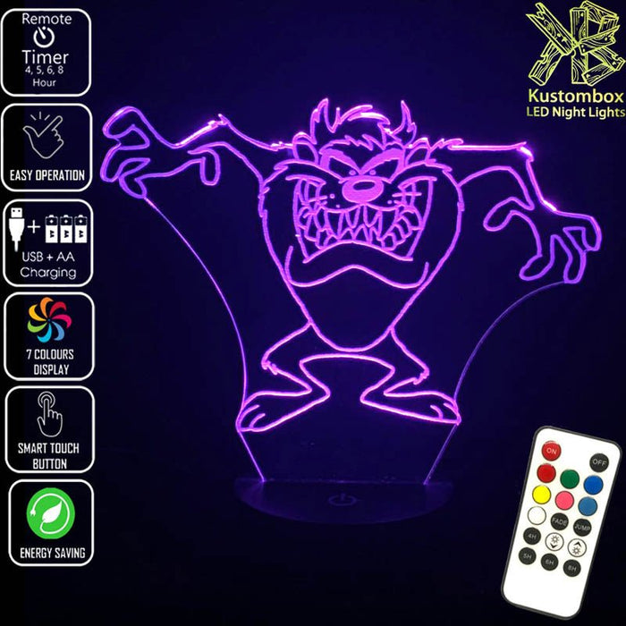 Tazzie Devil Looney Tunes Grinning- 3D LED Night Light 7 Colours + Remote Control - Kustombox