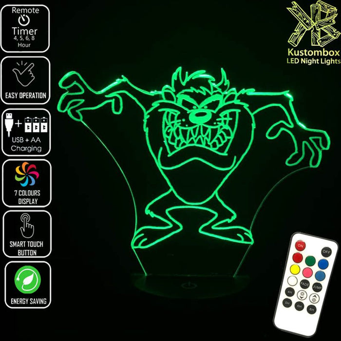 Tazzie Devil Looney Tunes Grinning- 3D LED Night Light 7 Colours + Remote Control - Kustombox