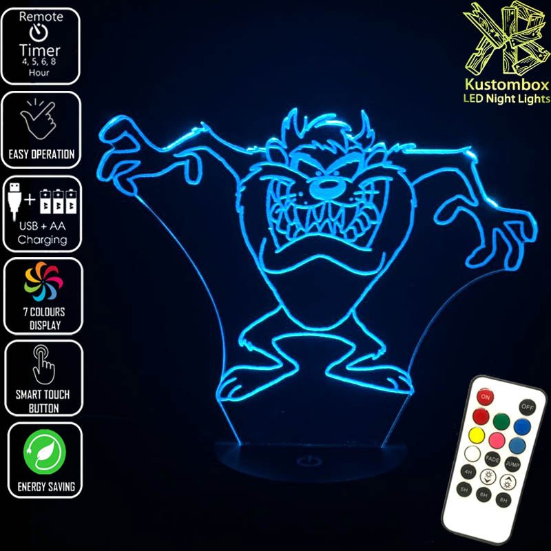 Tazzie Devil Looney Tunes Grinning- 3D LED Night Light 7 Colours + Remote Control - Kustombox