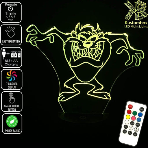 Tazzie Devil Looney Tunes Grinning- 3D LED Night Light 7 Colours + Remote Control - Kustombox