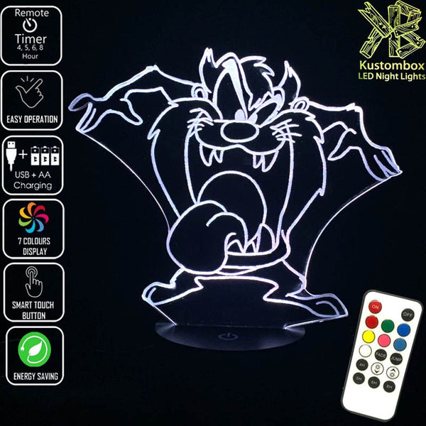 Tazzie Devil Looney Tunes Tongue Out - 3D LED Night Light 7 Colours + Remote Control - Kustombox