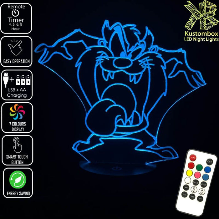 Tazzie Devil Looney Tunes Tongue Out - 3D LED Night Light 7 Colours + Remote Control - Kustombox