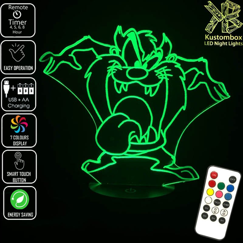 Tazzie Devil Looney Tunes Tongue Out - 3D LED Night Light 7 Colours + Remote Control - Kustombox