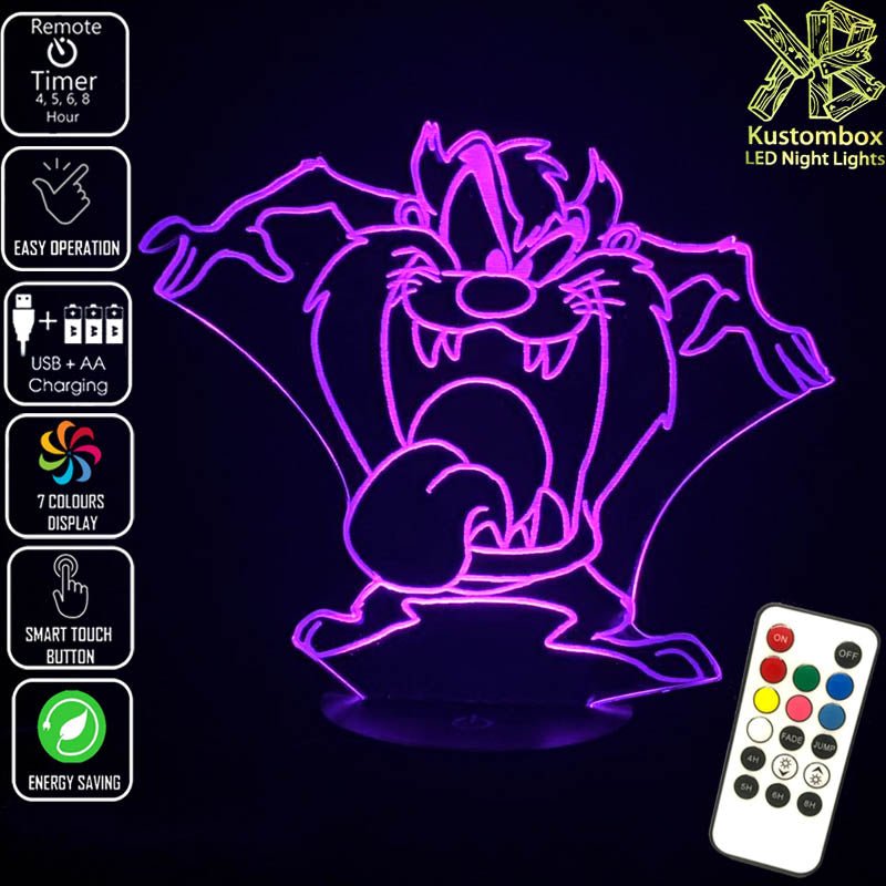 Tazzie Devil Looney Tunes Tongue Out - 3D LED Night Light 7 Colours + Remote Control - Kustombox